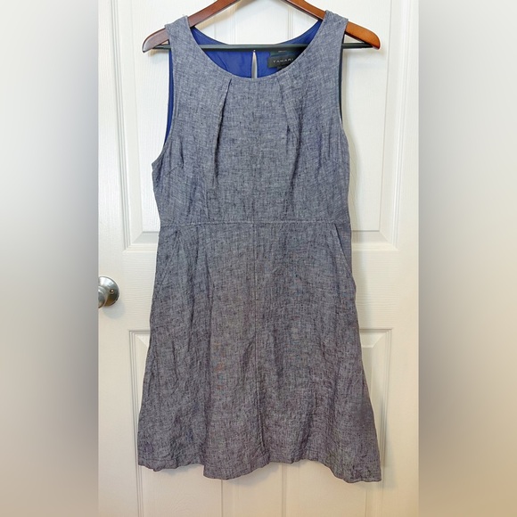 Tahari 100% Linen Sleeveless Dress Cotton lined knee length Chambray size 8 - Picture 1 of 7